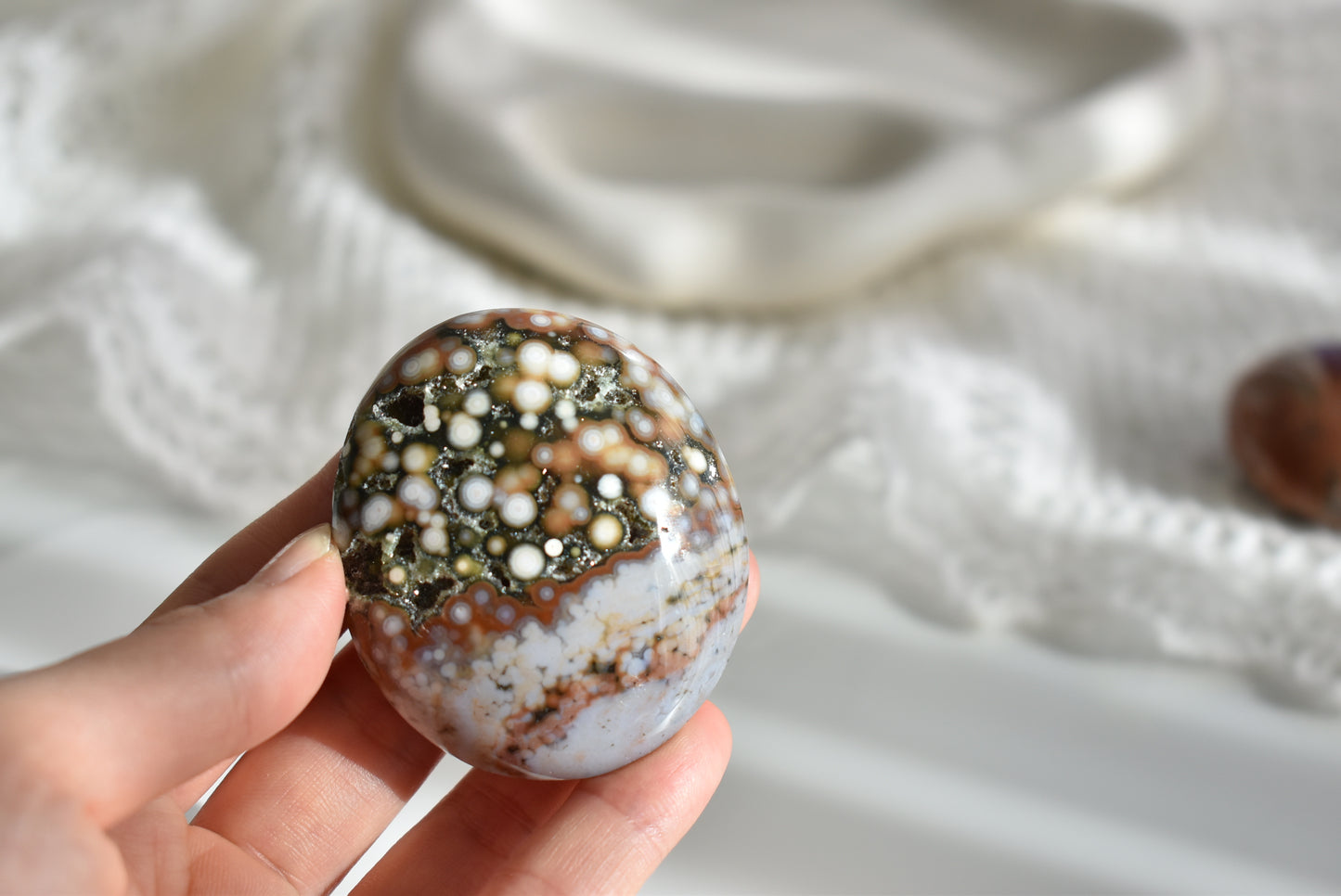 Old Stock Orbicular Ocean Jasper Palm Stone #1