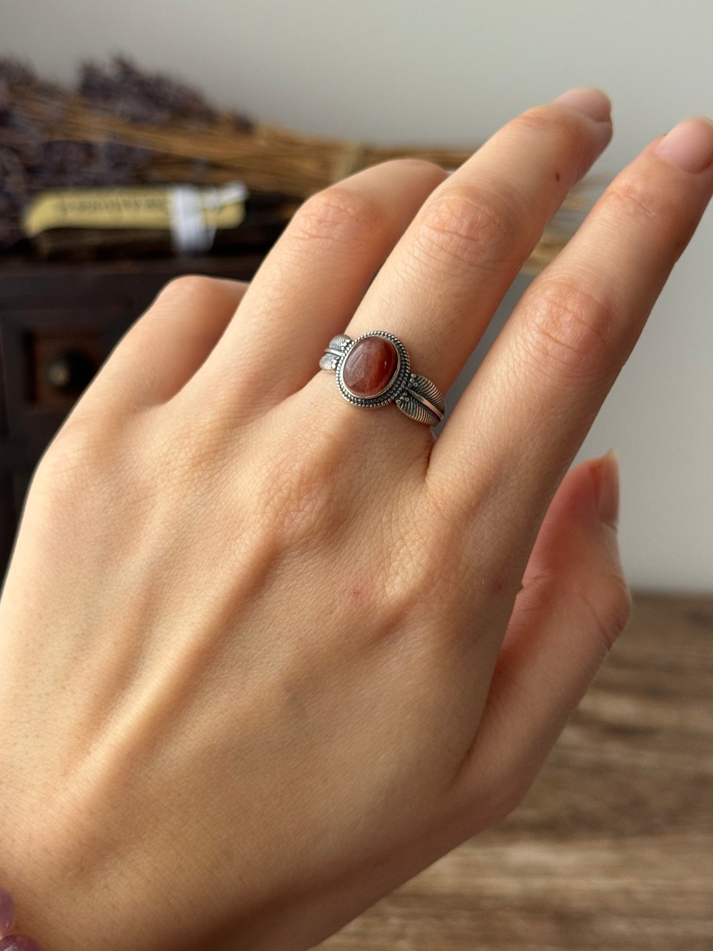 Red Amphibole Sterling Silver Ring Adjustable