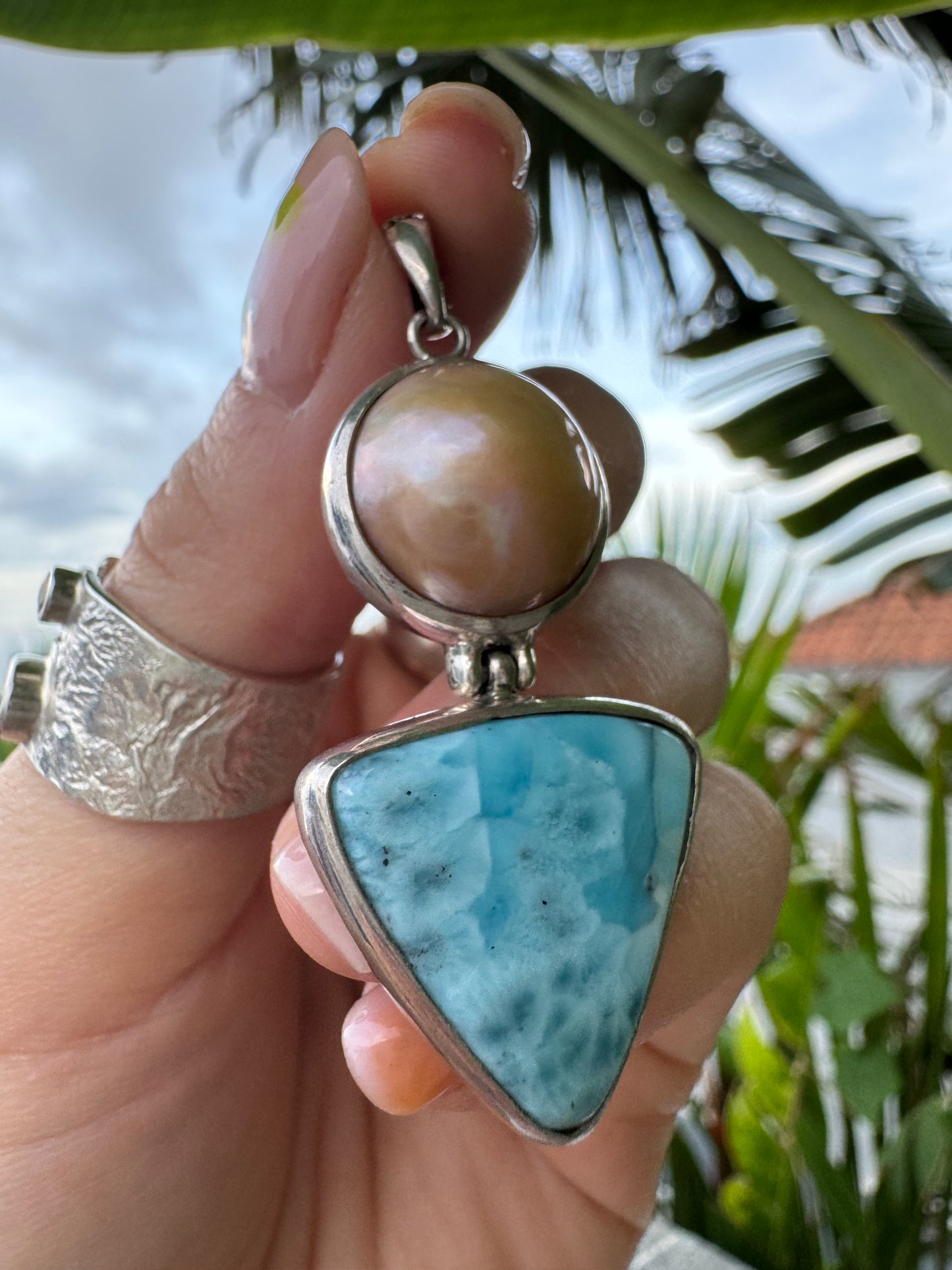 Handmade Larimar Pendant with Pearl