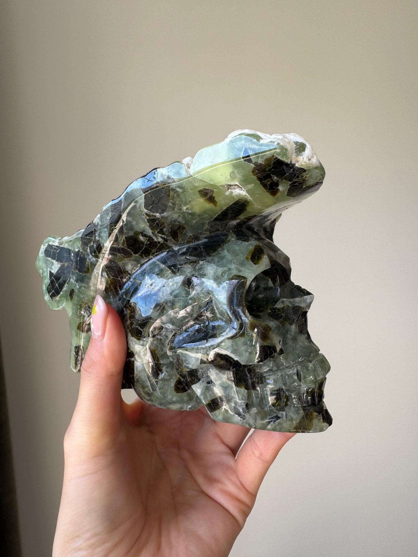Large Prehnite Skull Carving 1.6kg
