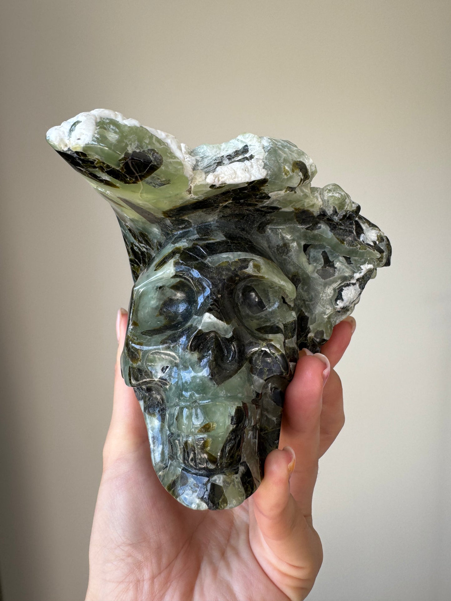 Large Prehnite Skull Carving 1.6kg