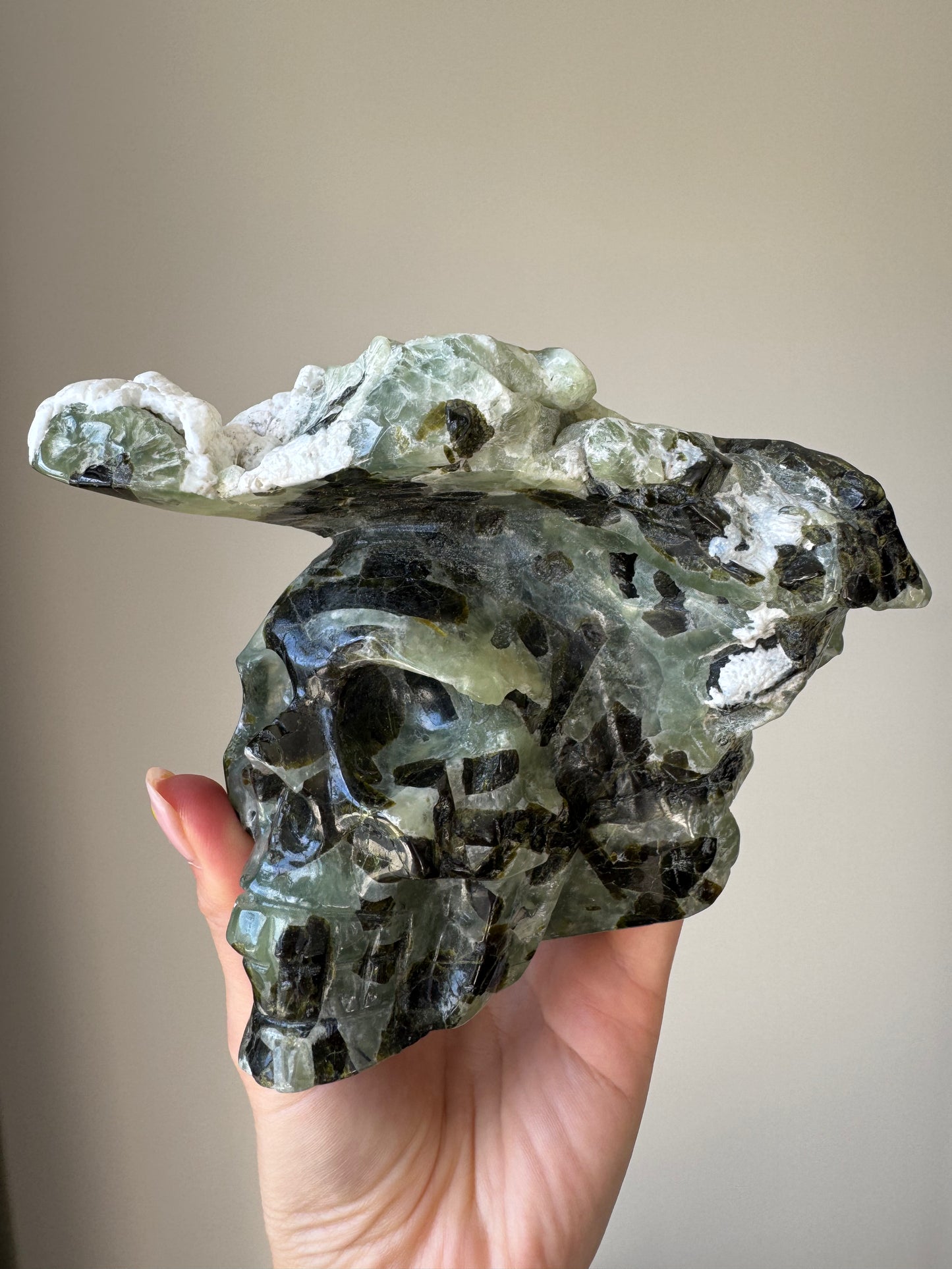 Large Prehnite Skull Carving 1.6kg