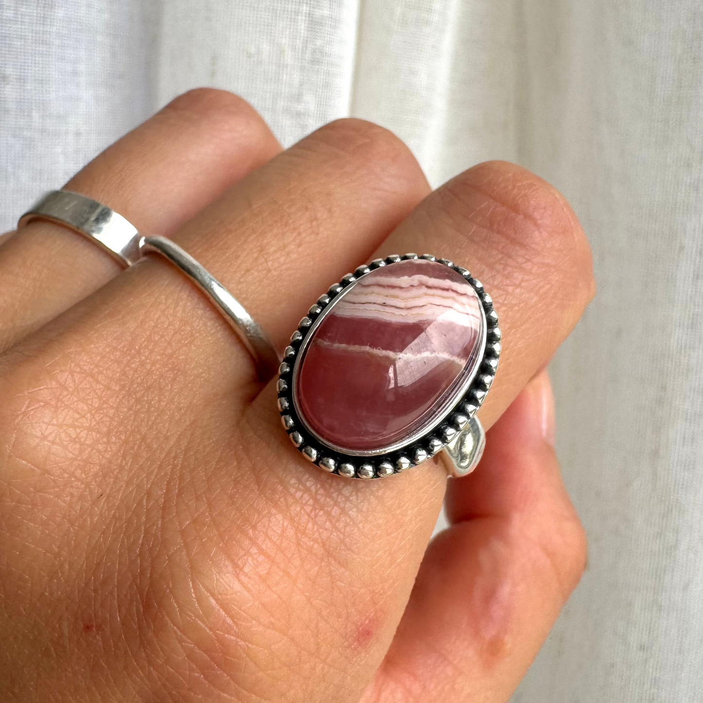 Rhodochrosite Sterling Sliver Ring - Adjustable (video)