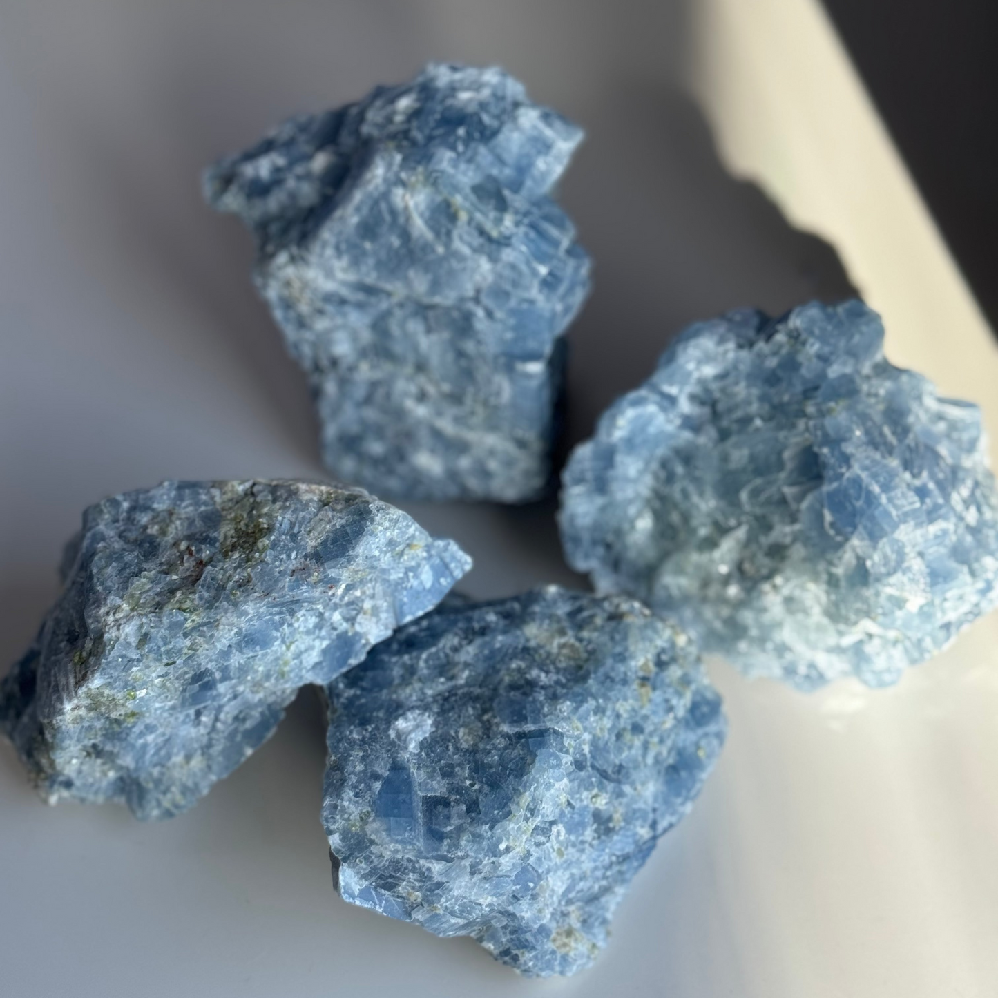Blue Calcite Raw with Peridot