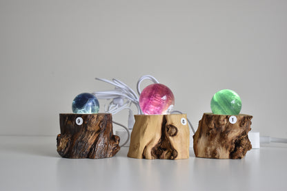 Wooden Base Tree Stump USB Light Sphere Stand (White Light)
