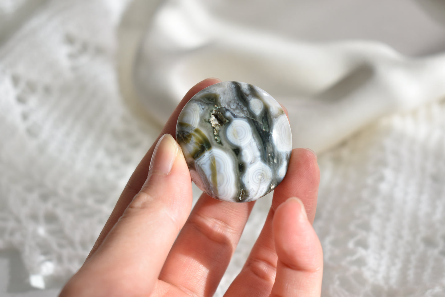 Old Stock Orbicular Ocean Jasper Palm Stone #7