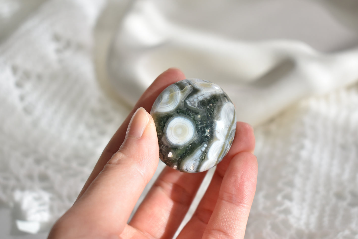 Old Stock Orbicular Ocean Jasper Palm Stone #7