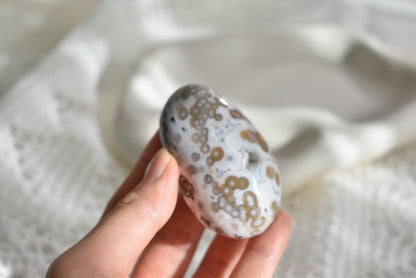 Old Stock Orbicular Ocean Jasper Palm Stone #8