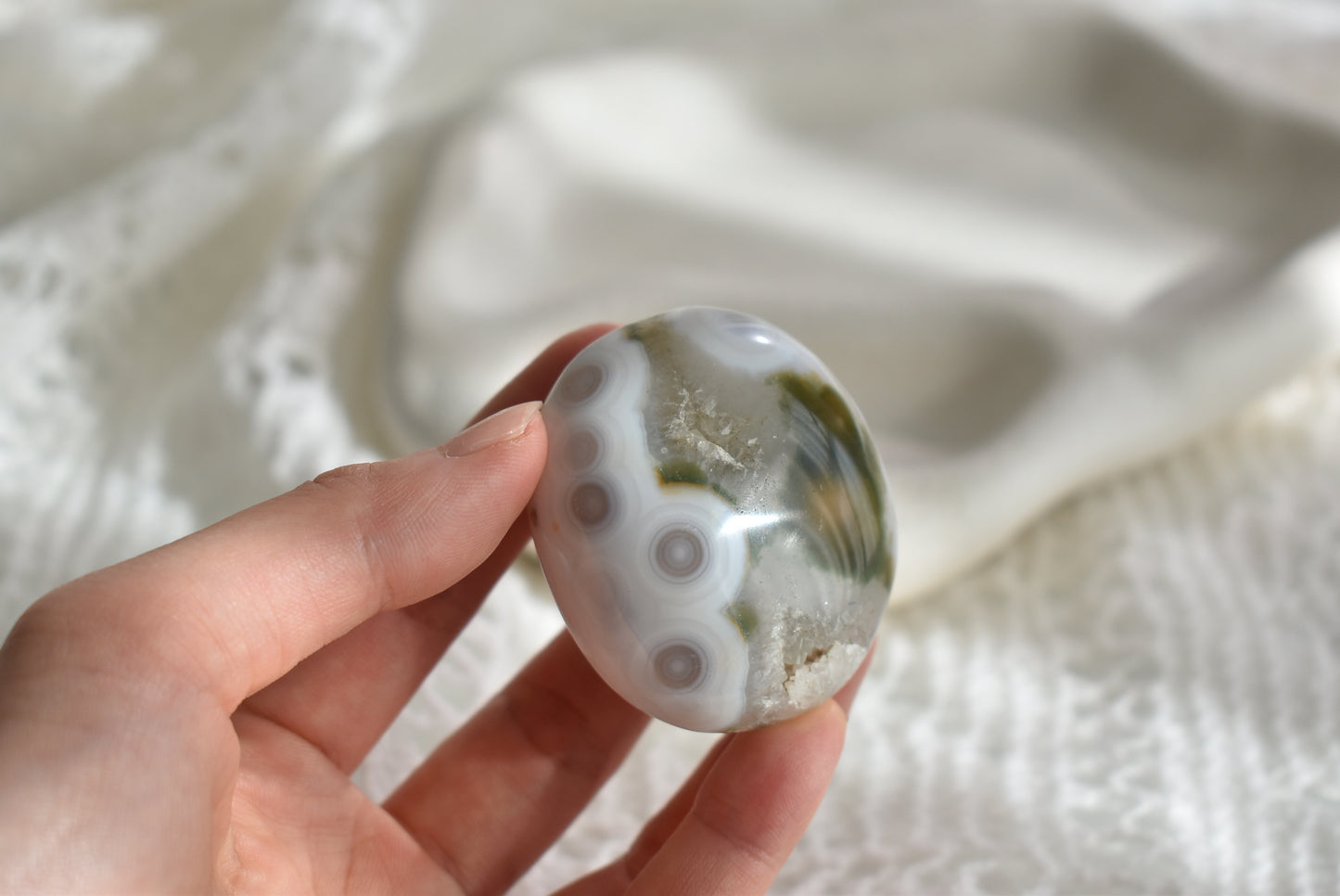 Old Stock Orbicular Ocean Jasper Palm Stone #6