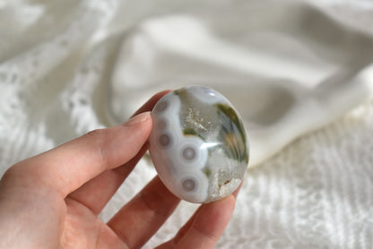 Old Stock Orbicular Ocean Jasper Palm Stone #6