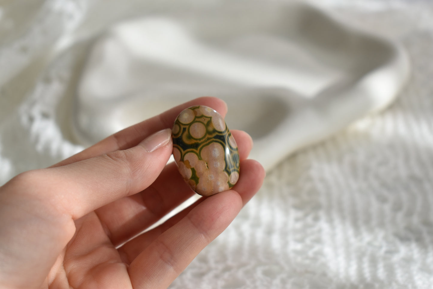 Old Stock Orbicular Ocean Jasper Palm Stone #5