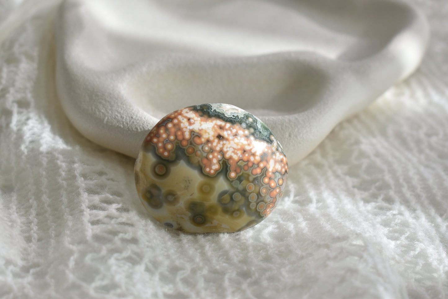 Old Stock Orbicular Ocean Jasper Palm Stone #3
