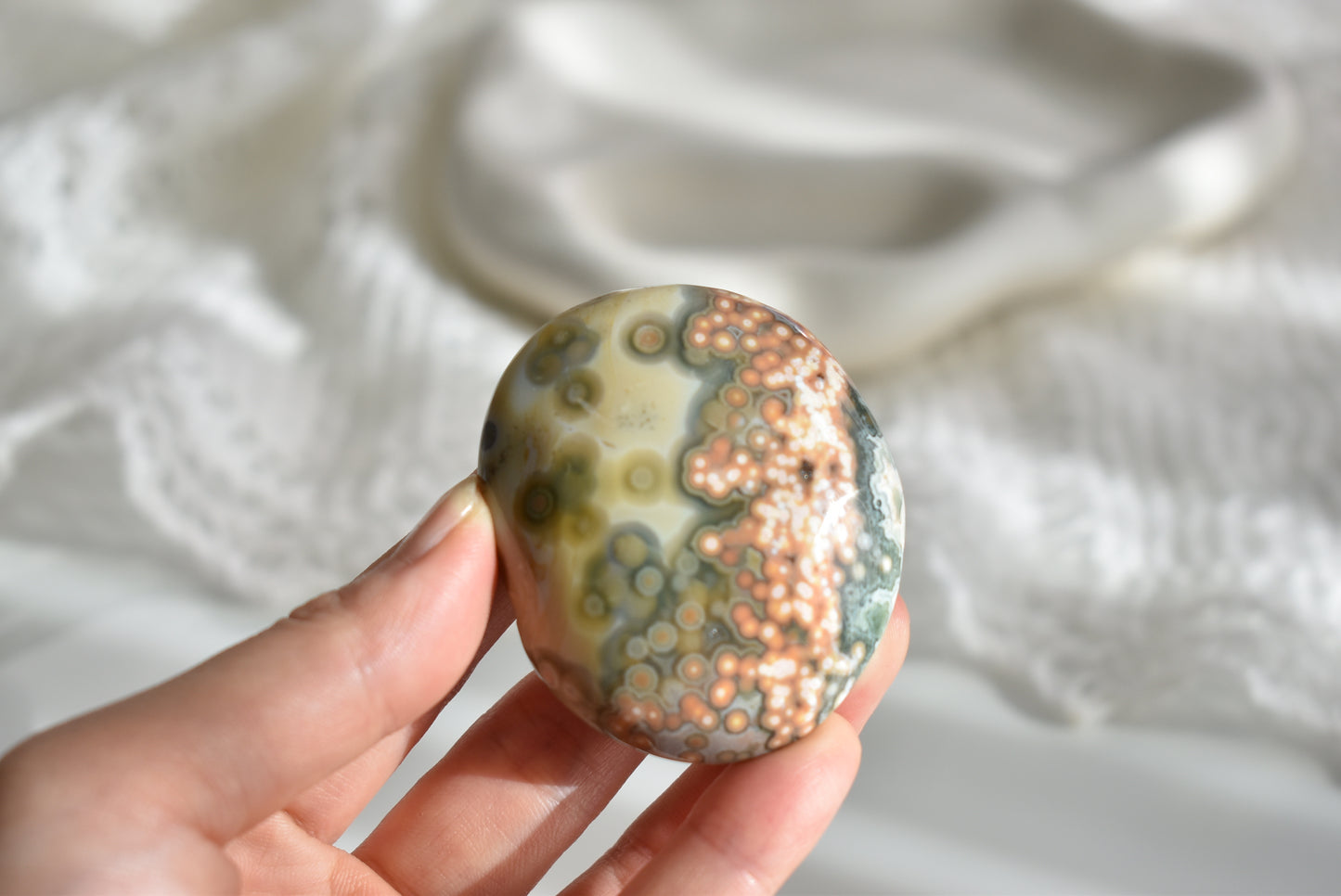 Old Stock Orbicular Ocean Jasper Palm Stone #3