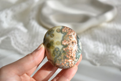 Old Stock Orbicular Ocean Jasper Palm Stone #3