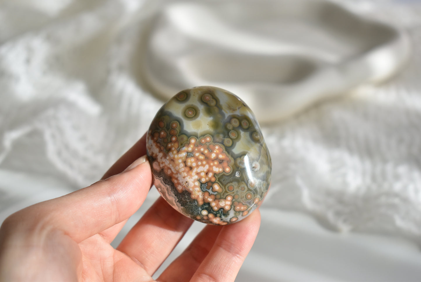 Old Stock Orbicular Ocean Jasper Palm Stone #3