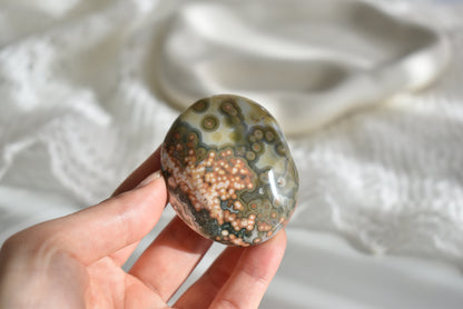 Old Stock Orbicular Ocean Jasper Palm Stone #3