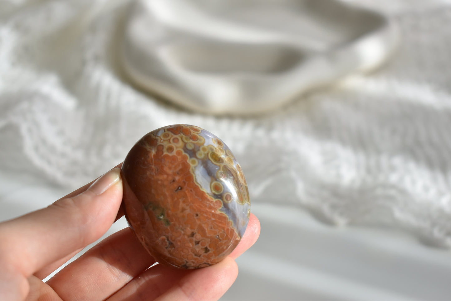 Old Stock Orbicular Ocean Jasper Palm Stone #2