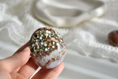 Old Stock Orbicular Ocean Jasper Palm Stone #1