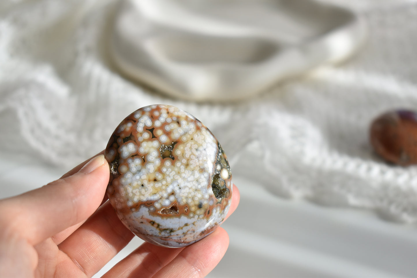 Old Stock Orbicular Ocean Jasper Palm Stone #1