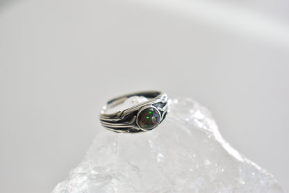 Black Fire Opal Sterling Silver Ring Adjustable