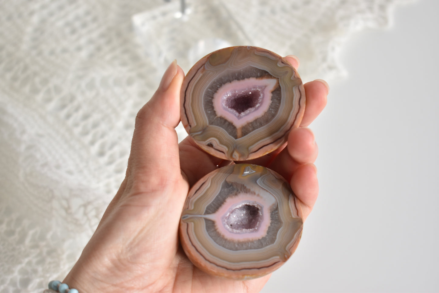 Large Pink Zhanguo Agate Geodes with Customised stand #2