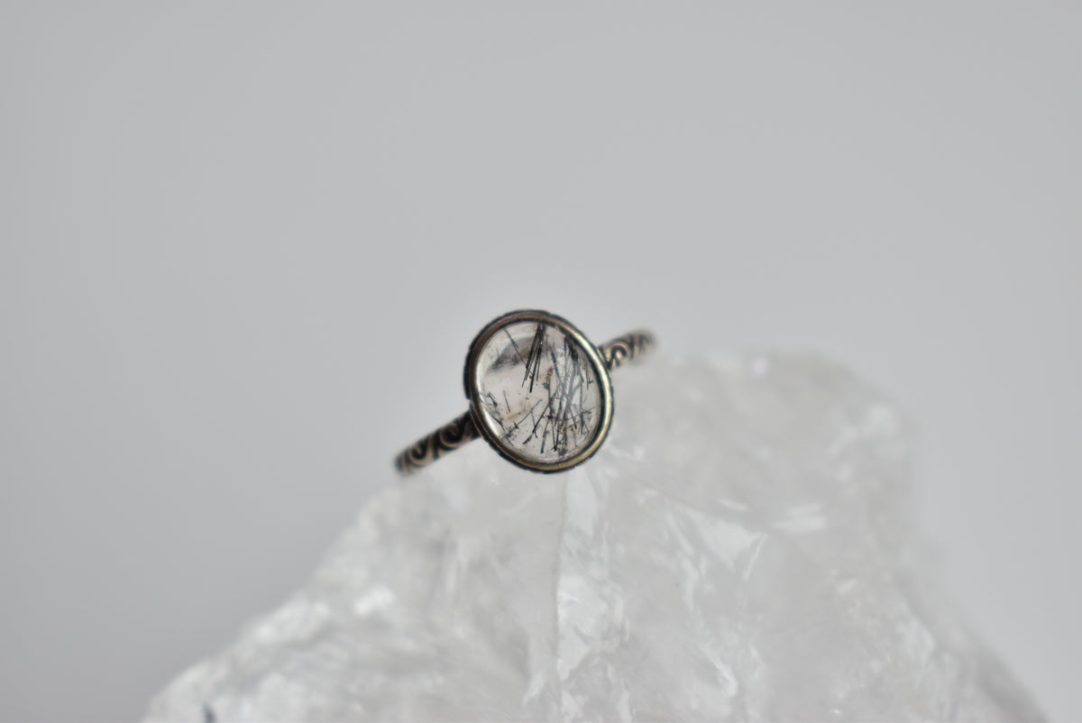 Black Tourmaline Quartz Sterling Silver Ring Adjustable
