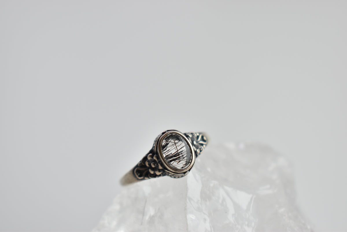 Black Tourmaline Quartz Sterling Silver Ring Adjustable