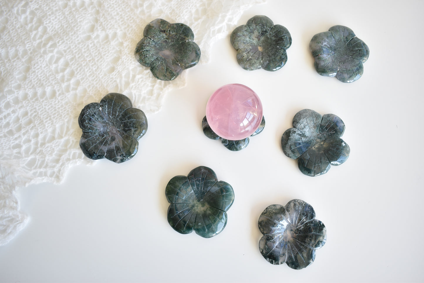 Moss Agate Flower (Sphere Stand)
