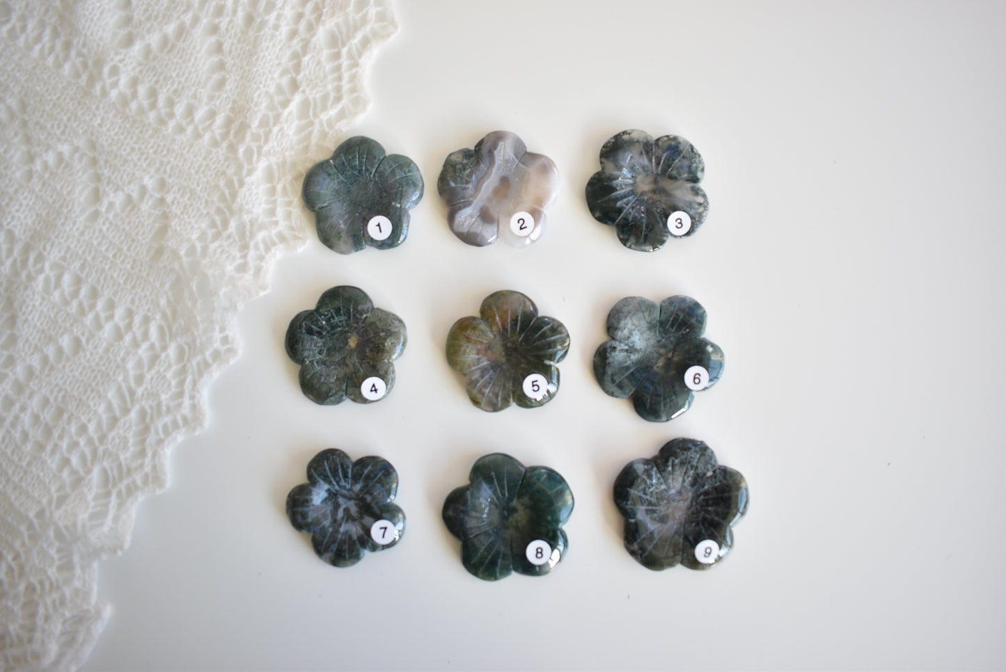 Moss Agate Flower (Sphere Stand)
