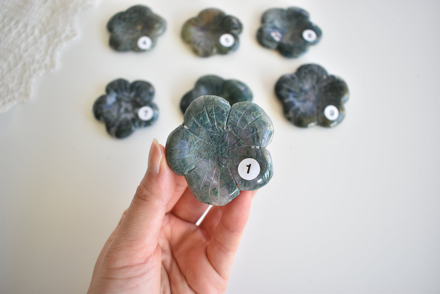 Moss Agate Flower (Sphere Stand)