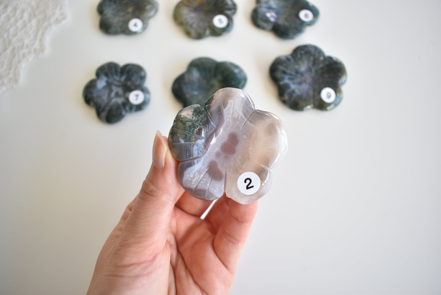 Moss Agate Flower (Sphere Stand)