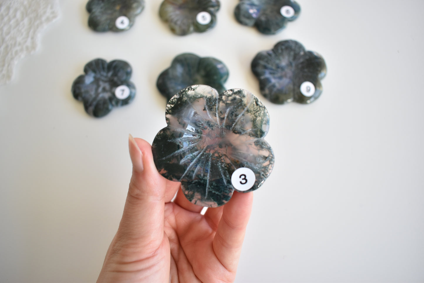 Moss Agate Flower (Sphere Stand)