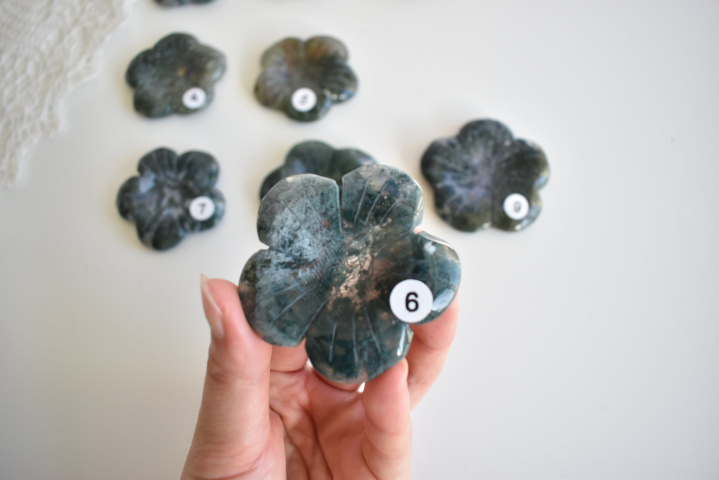 Moss Agate Flower (Sphere Stand)
