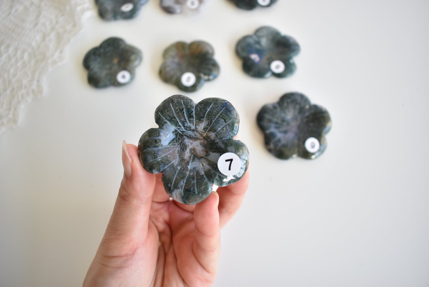Moss Agate Flower (Sphere Stand)
