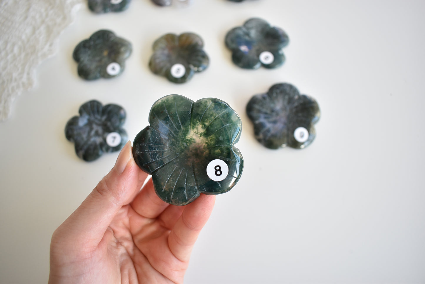 Moss Agate Flower (Sphere Stand)