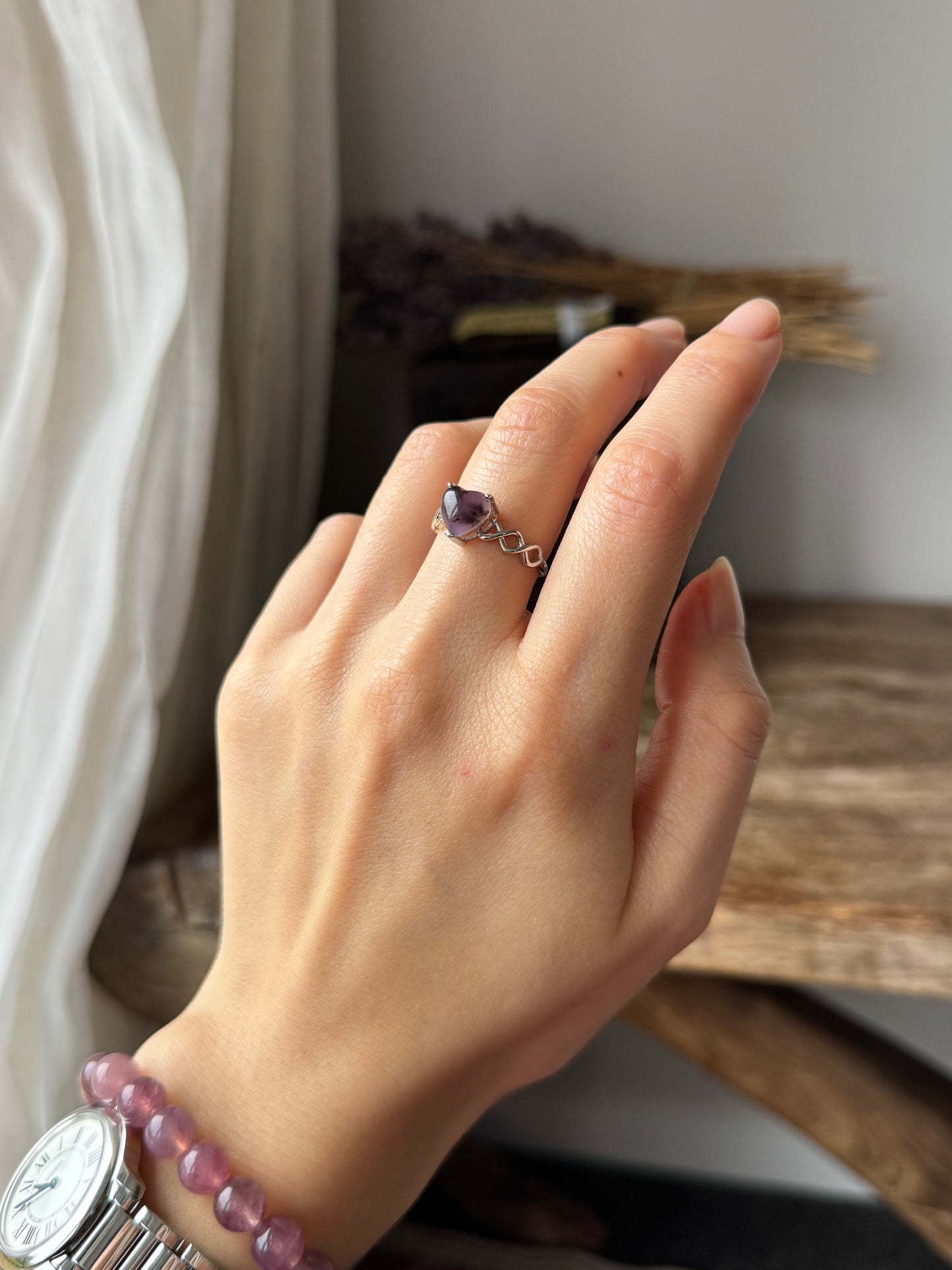 Dendritic Lilac Chalcedony Sterling Silver Ring Adjustable