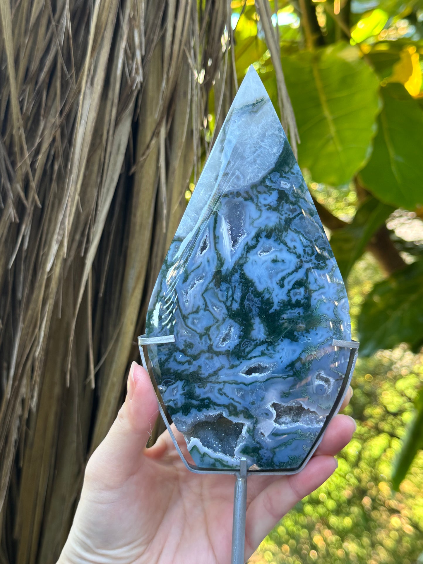 High Grade Moss Agate Flame on Stand