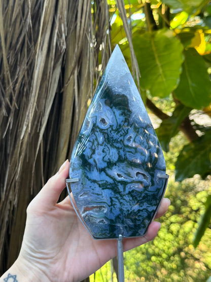 High Grade Moss Agate Flame on Stand