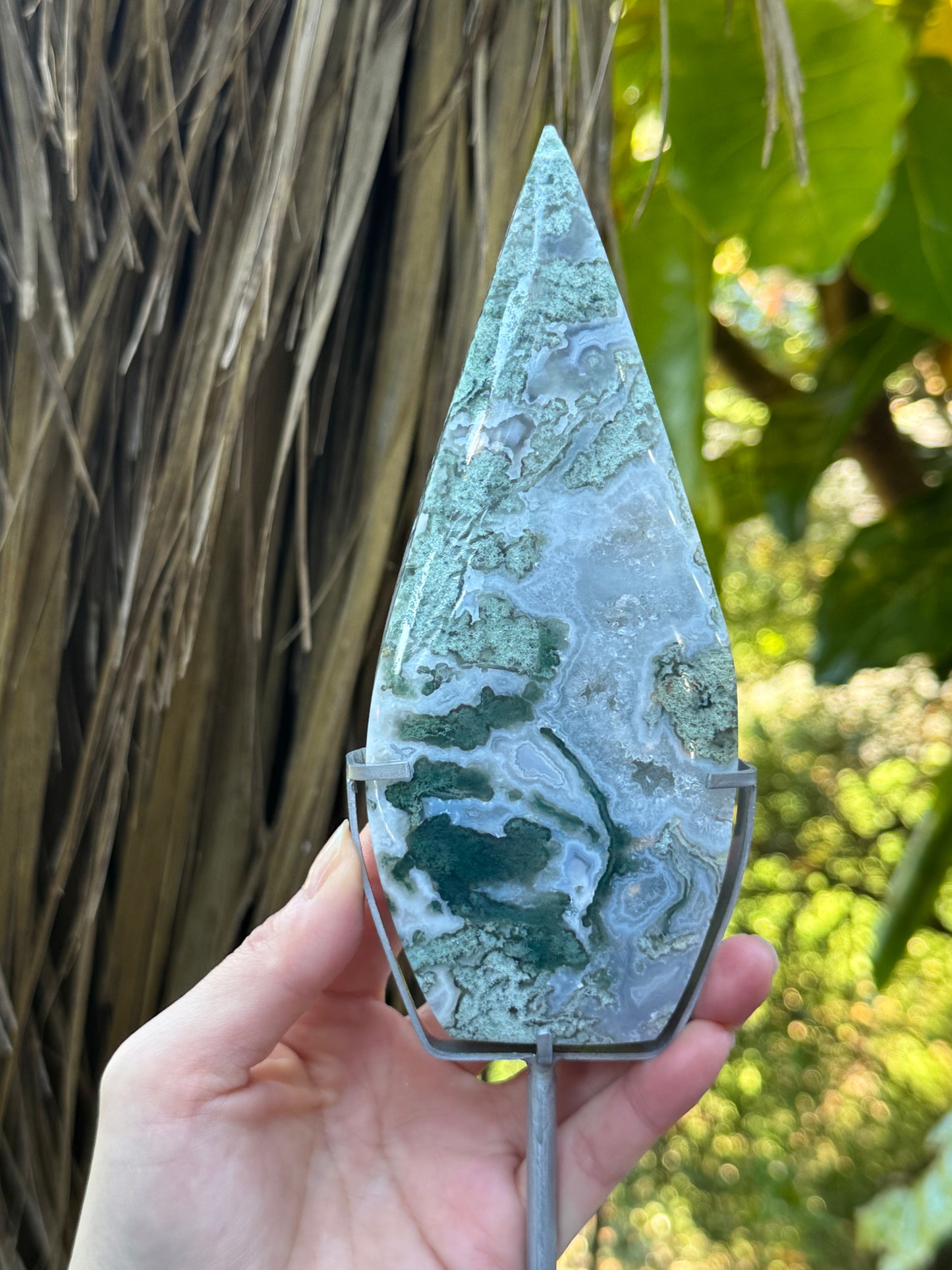 High Grade Moss Agate Flame on Stand