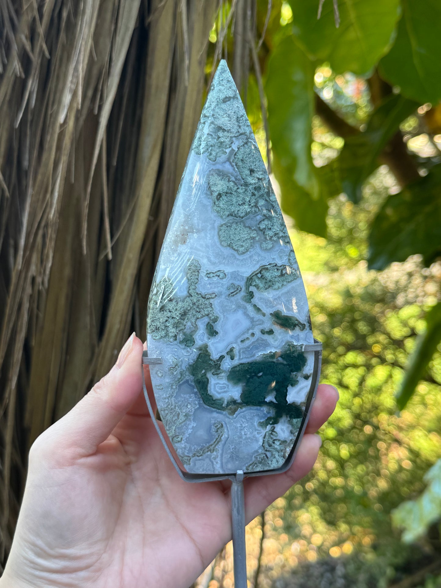 High Grade Moss Agate Flame on Stand