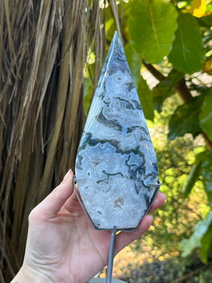 High Grade Moss Agate Flame on Stand
