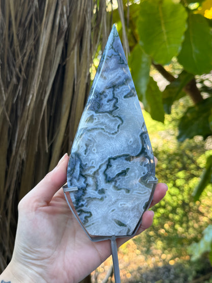 High Grade Moss Agate Flame on Stand
