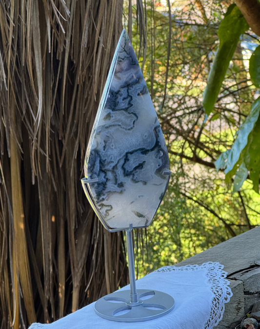 High Grade Moss Agate Flame on Stand