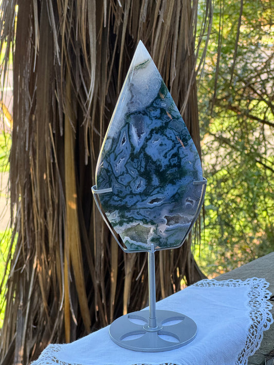 High Grade Moss Agate Flame on Stand
