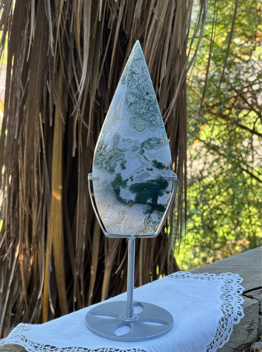 High Grade Moss Agate Flame on Stand
