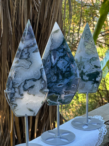 High Grade Moss Agate Flame on Stand