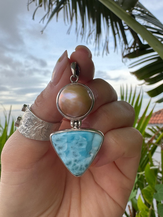 Handmade Larimar Pendant with Pearl