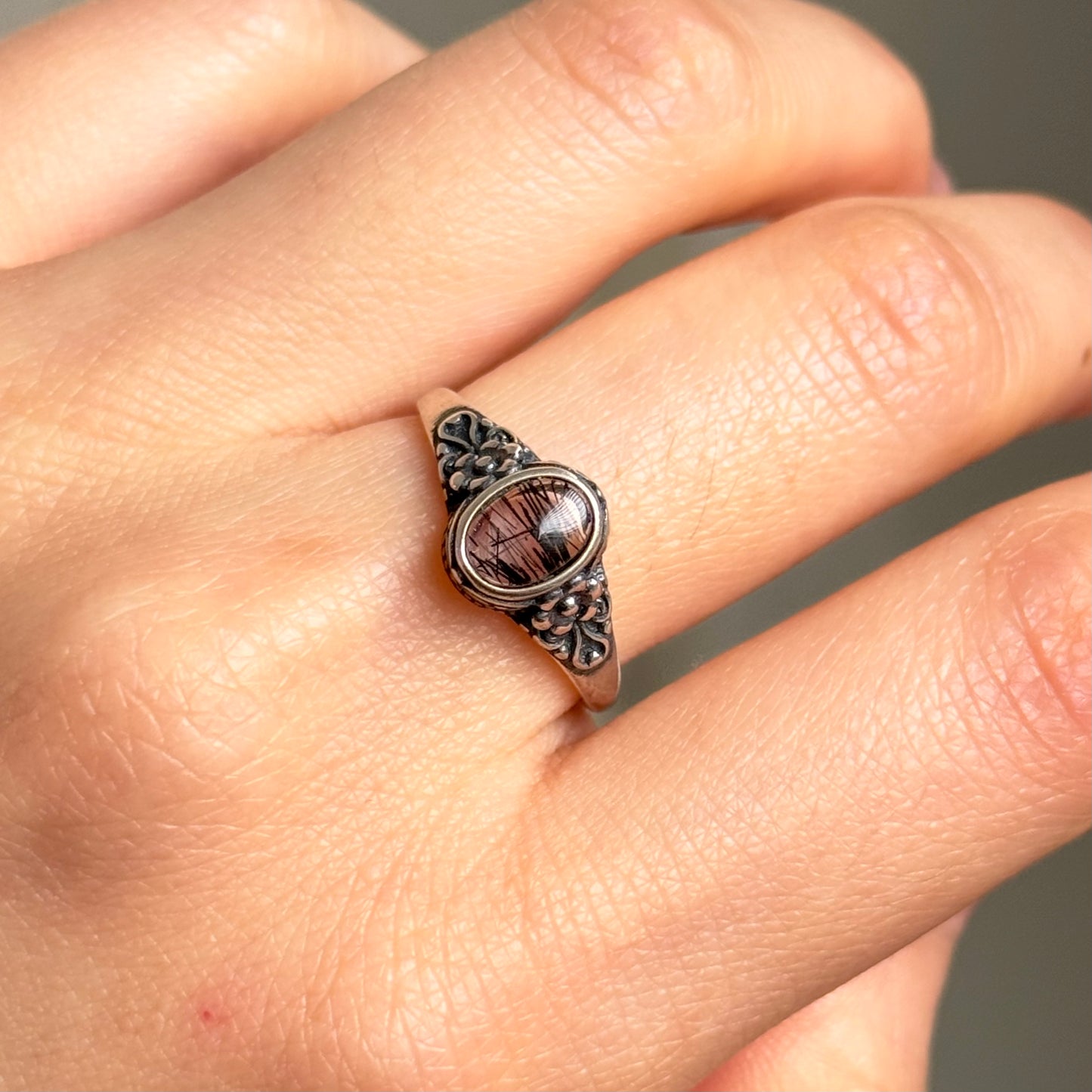 Black Tourmaline Quartz Sterling Silver Ring Adjustable