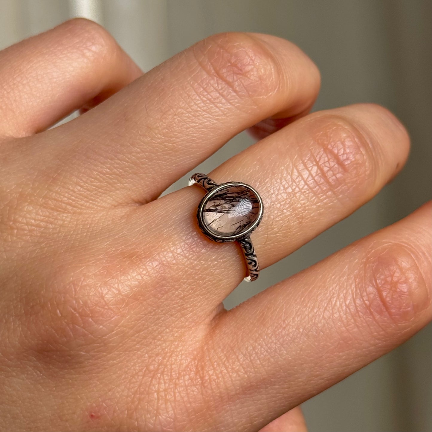 Black Tourmaline Quartz Sterling Silver Ring Adjustable