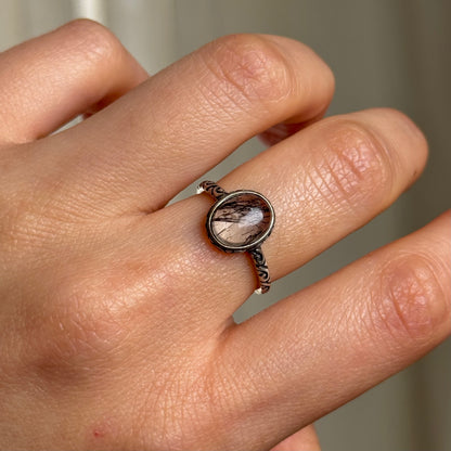 Black Tourmaline Quartz Sterling Silver Ring Adjustable